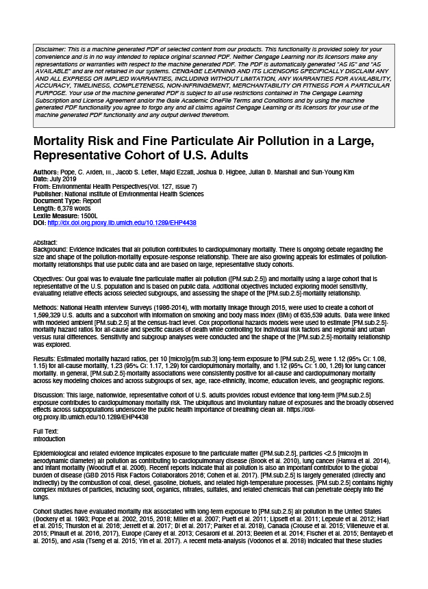 Mortality Risk and Fine Particulate Air Pollution in a Large, Representative Cohort of U.S. Adults