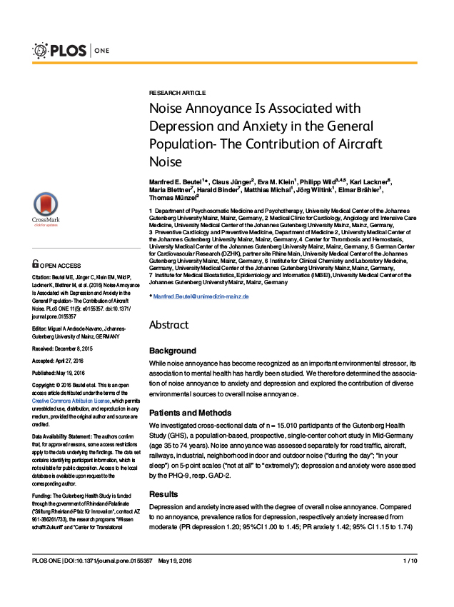 Noise Annoyance Is Associated with Depression and Anxiety in the General Population