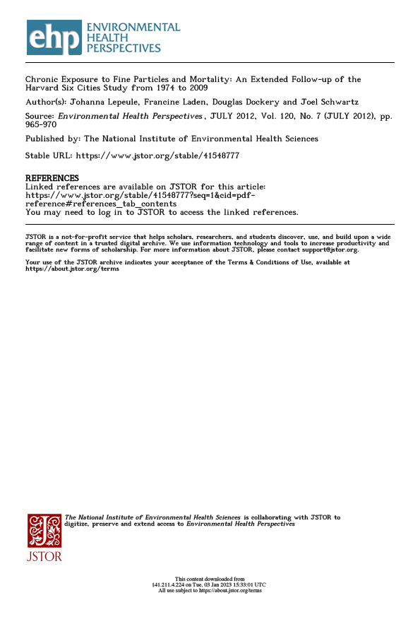 Chronic Exposure to Fine Particles and Mortality: An Extended Follow-up of the Harvard Six Cities Study from 1974 to 2009