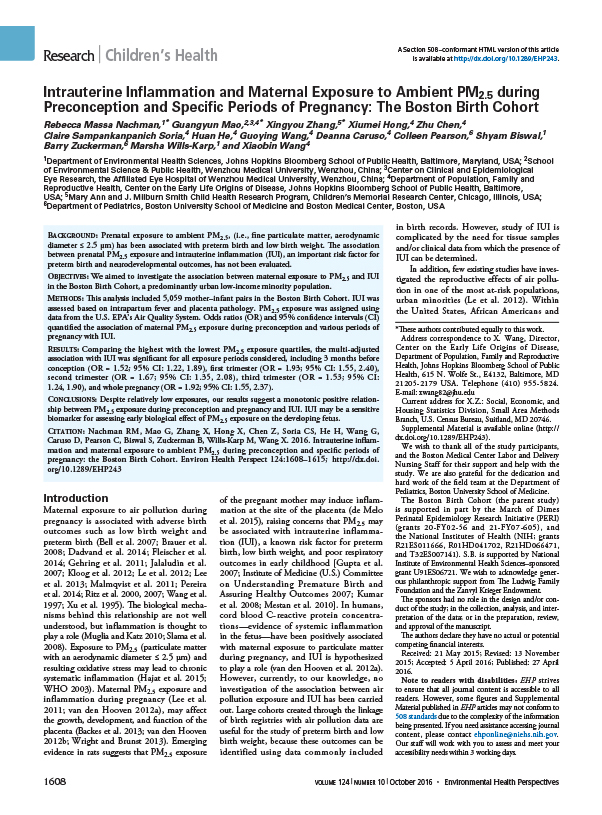 Intrauterine Inflammation and Maternal Exposure to Ambient PM2.5 during Preconception and Specific Periods of Pregnancy: The Boston Birth Cohort 