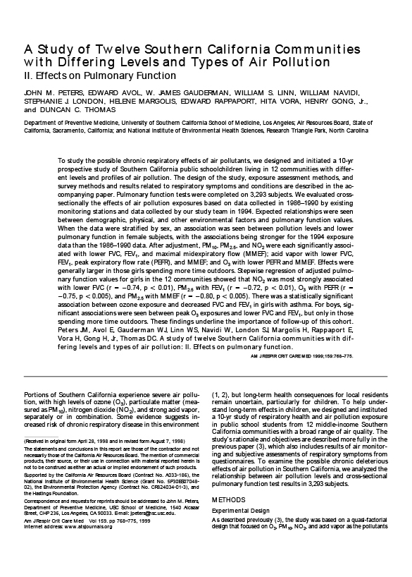 A Study of Twelve Southern California Communities with Differing Levels and Types of Air Pollution