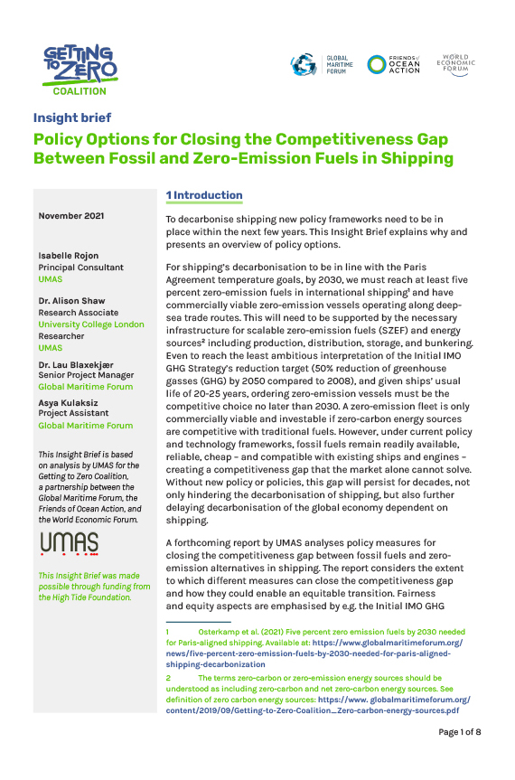 Policy Options for Closing the Competitiveness Gap Between Fossil and Zero-emission Fuels in Shipping