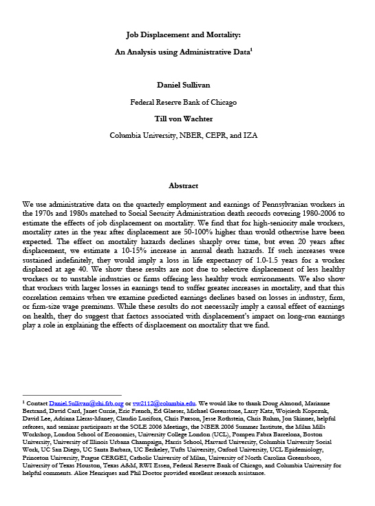 Job Displacement and Mortality: An Analysis Using Administrative Data