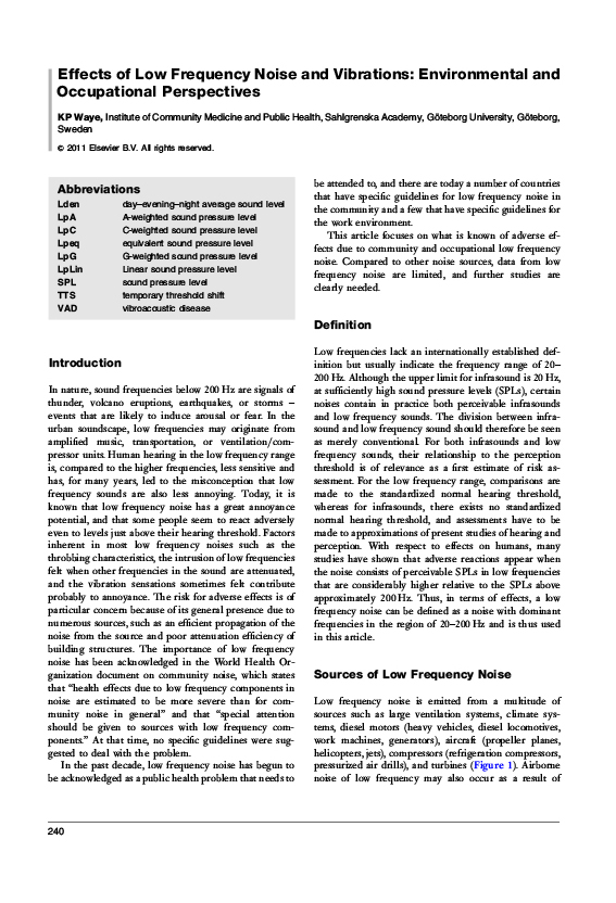 Noise and Health – Effects of Low Frequency Noise and Vibrations: Environmental and Occupational Perspectives