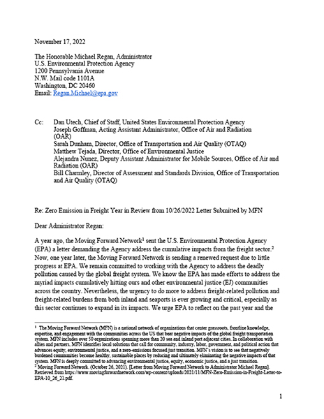 Zero Emission in Freight Year in Review Letter Submitted by MFN to EPA on November 17, 2022