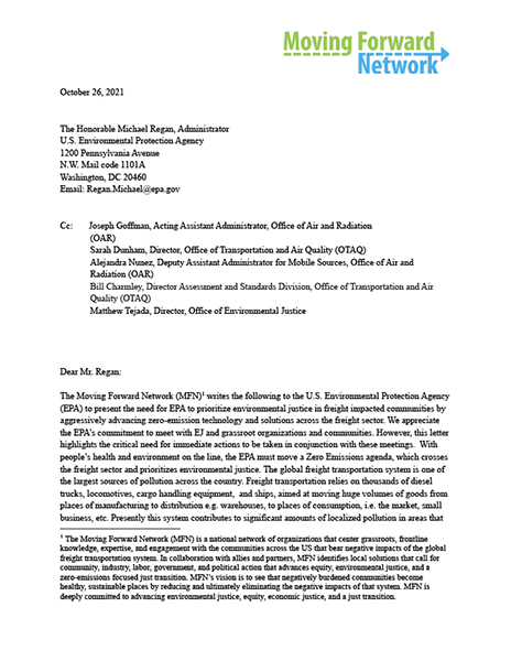Zero Emission in Freight Letter Submitted by MFN to EPA on October 26, 2021